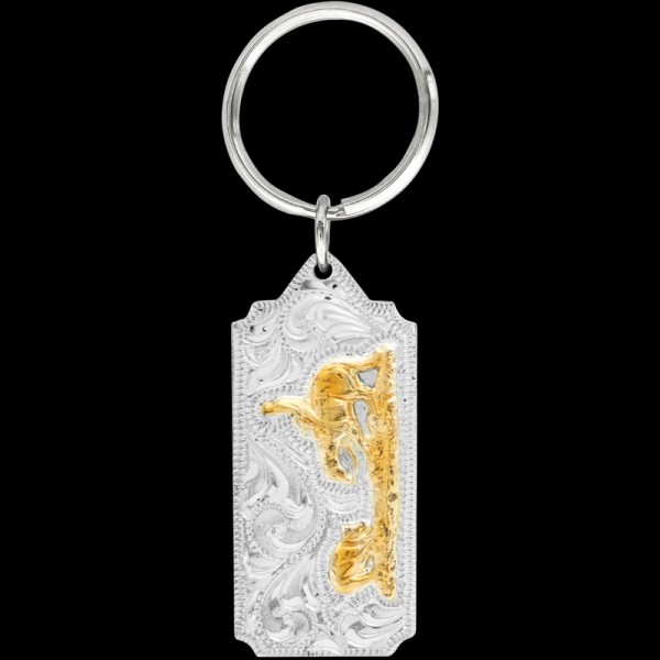 Gold Cutting Horse Keychain, Cutting is one of our favorite rodeo events! Our Rifle keychain includes beautiful, engraved scrolls, a 3D rifle figure, engraving on the back, and a 